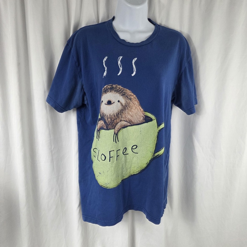 Design By Humans Shirt Mens Medium Blue Sloth Sloffee Coffee Graphic Tee Top